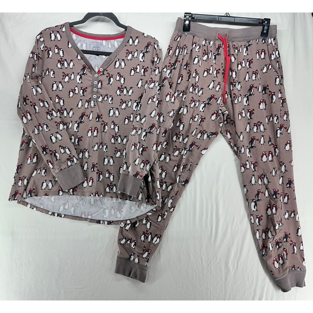 Vera Bradley Pajama Set Womens Medium Brown Penguin Print Henley Joggers 2pc